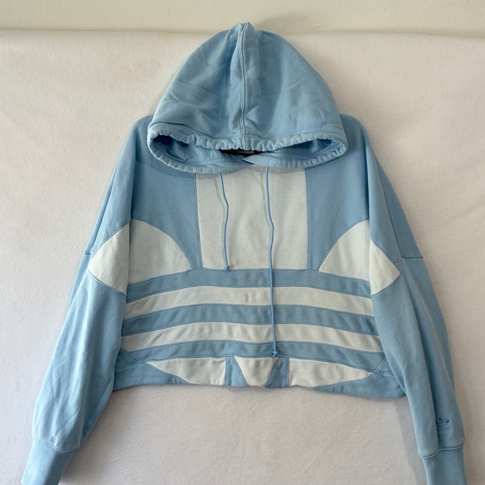 Adidas Originals Hoodie Crop Top Womens Medium Light Blue Trefoil Cotton-Terry